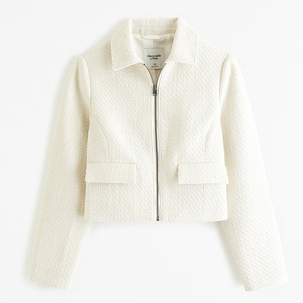 Abercrombie & Fitch Tweed Crop Jacket In Cream Size XL - Picture 2 of 8